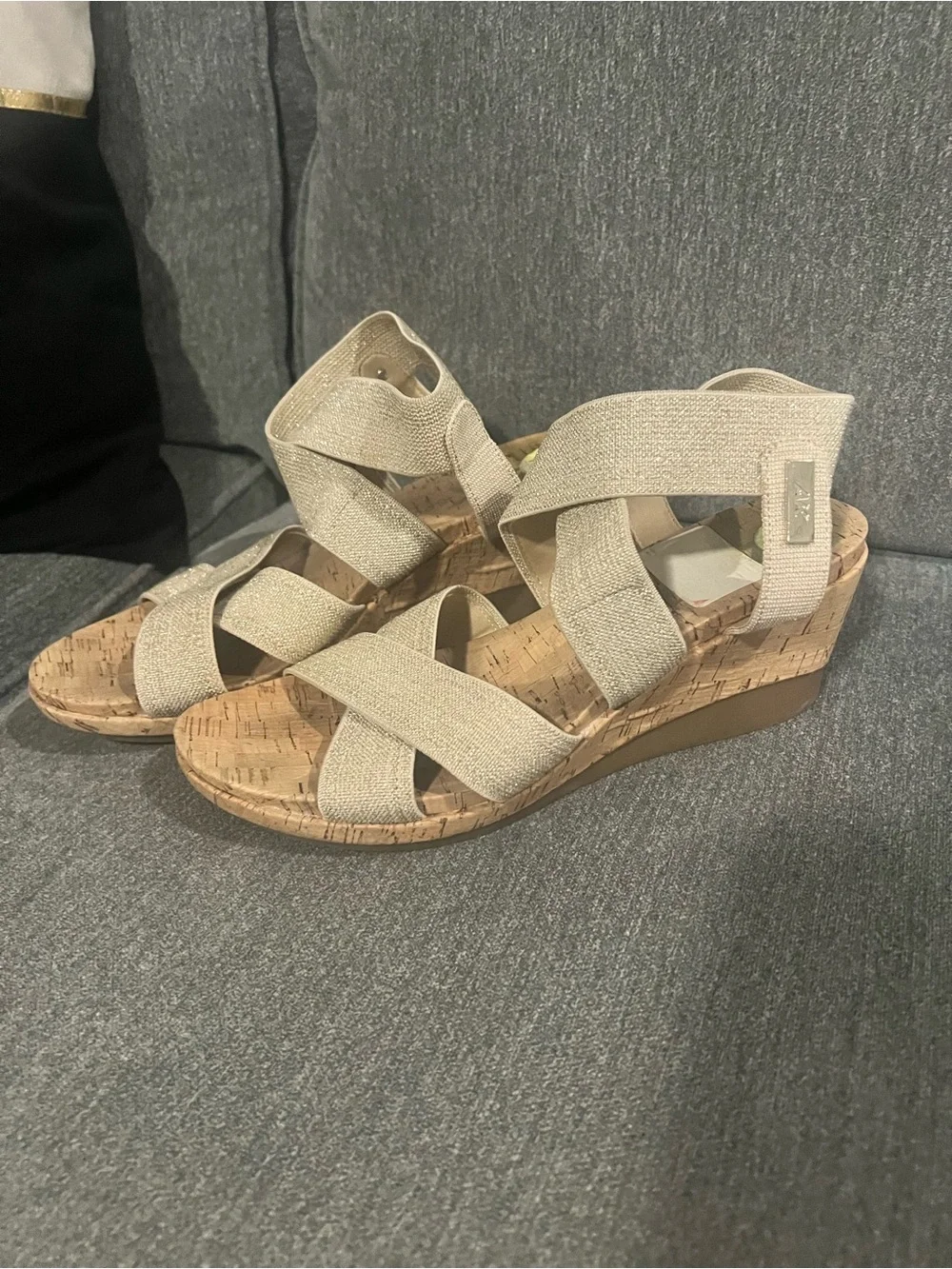 Anne Klein Natural Beige Elastic Crisscross Cork Wedge Sandals